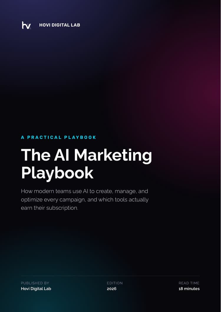 Cover of The AI Marketing Playbook by Hovi Digital Lab, a free guide to using AI across content creation, task management, and reporting