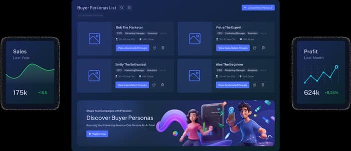 thegrower.ai buyer personas list showing AI-generated customer personas with demographics and campaign associations